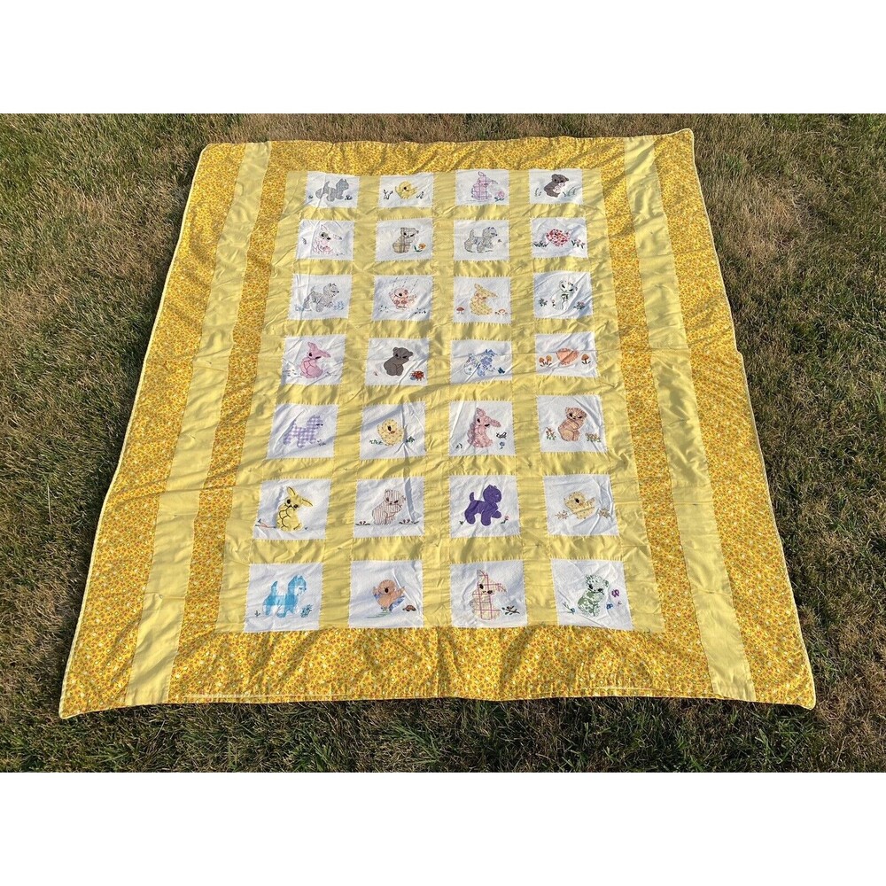 Vintage Homemade Patchwork Quilt Artistic Animals Yellow Unique Cute 70 x 80 in.